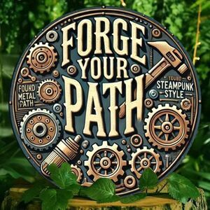 8x8 Inch Round "Forge Your Path" Gear Steampunk Wall Art Metal Sign Wall Decor